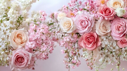A serene and romantic pink floral garden featuring blooming roses and delicate blossoms floral background. floral backdrop.