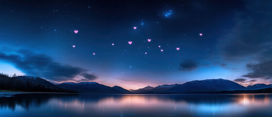 Fototapeta premium Starry night over tranquil lake heart-shaped stars nature serenity aesthetic viewpoint emotional connection