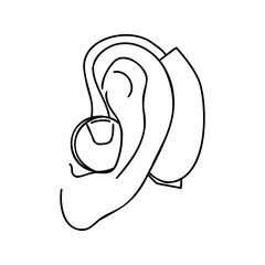 Ear with a hearing aid outline vector illustration. Aerophone behind organ ear human health care concept