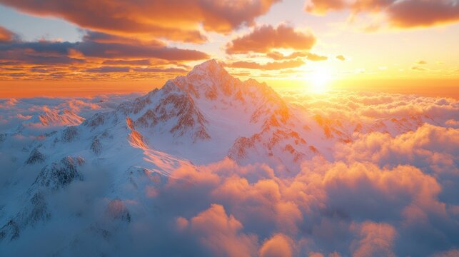 Majestic mountain peak illuminated by golden sunrise above a sea of clouds in the tranquil early morning