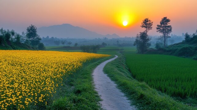 Vibrant sunset over a rural landscape featuring a winding path beside blooming yellow flowers and lush green rice fields - Powered by Adobe