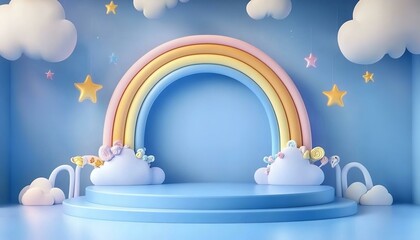 Background podium baby cute product 3d cloud kid children display banner room toy design blue.