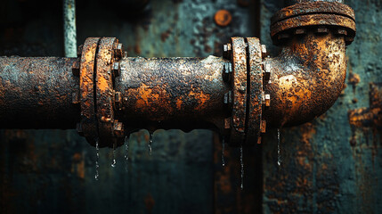 Aged water pipes covered in rust leaking slightly