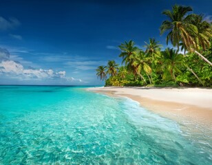 A Pristine tropical beach with turquoise water and palm trees
