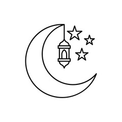 Crescent moon, three stars, lantern night sky illustration perfect for Ramadan, Eid, Islamic holidays
