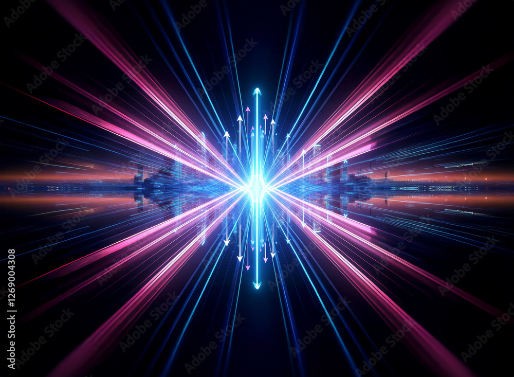 Poster vibrant light bursts from a central point, radiating blue and pink rays against a dark backdrop, cre