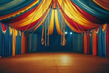 Colorful circus tent featuring an empty trapeze and vibrant drapes for a lively performance. Generative AI