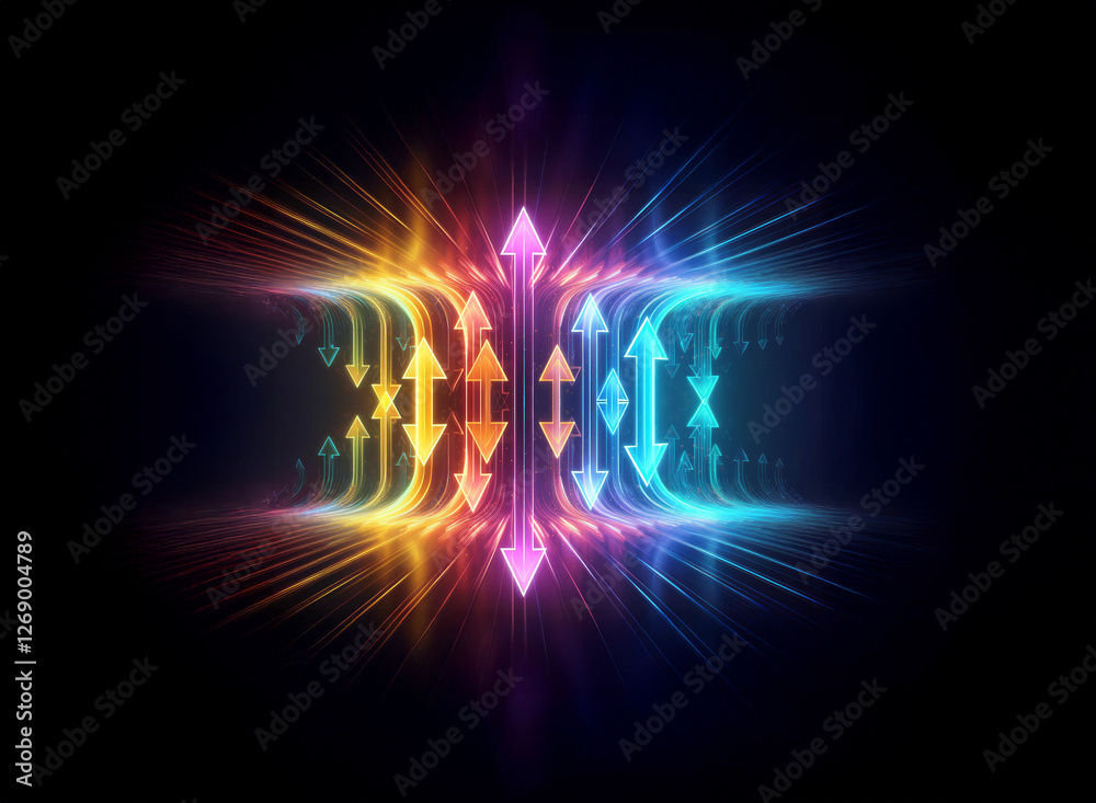 Poster Abstract luminous arrows in vibrant colors radiate outwards and converge towards the center on a dark backdrop, creating a dynamic and symmetrical design.