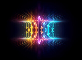 Fototapeta premium Abstract luminous arrows in vibrant colors radiate outwards and converge towards the center on a dark backdrop, creating a dynamic and symmetrical design.