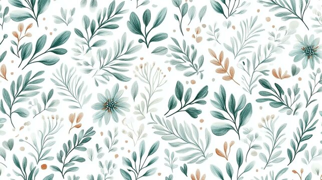 Seamless doodle botanicals pattern in a winter color palette of pale dusty blue and white. Seamless botanical pattern in pastel blue and white.