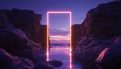 Seascape with cliffs water and a yellow neon square geometric shape. Modern minimal abstract background. Spiritual zen wallpaper with sunset.