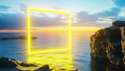Seascape with cliffs water and a yellow neon square geometric shape. Modern minimal abstract background. Spiritual zen wallpaper with sunset.