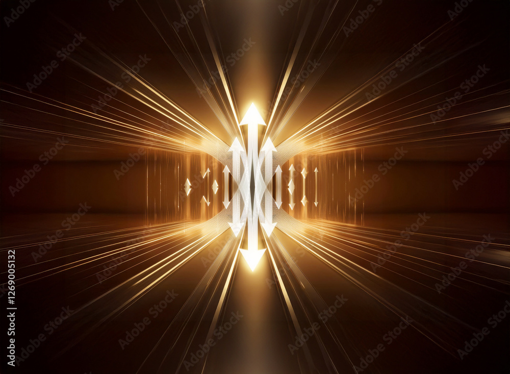Aufkleber Abstract tunnel with bright golden light rays emanating from the center. Arrows point inwards and outwards in a dark background.