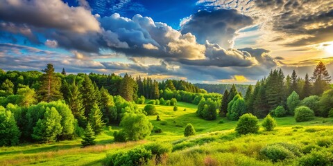 Obraz premium Lush Summer Forest Landscape: Green Trees, Bush, Grass, Sky & Clouds - Nature Banner