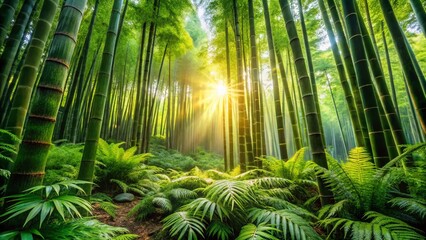 Fototapeta premium Lush Tropical Bamboo Forest: Towering Trees, Vibrant Foliage, and Verdant Ferns