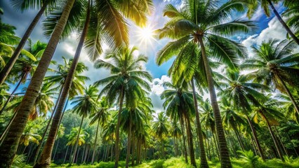 Lush Tropical Forest: Palm Trees and Tall Trees Against a Bright Sky - Stock Photo