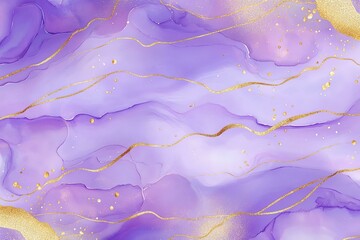 Violet lavender liquid watercolor marble background with golden lines. Pastel purple periwinkle alcohol ink drawing effect.