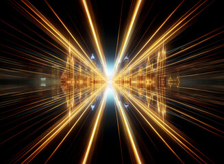 Abstract perspective with vibrant orange and blue light streaks converging towards a central bright point against a dark backdrop.