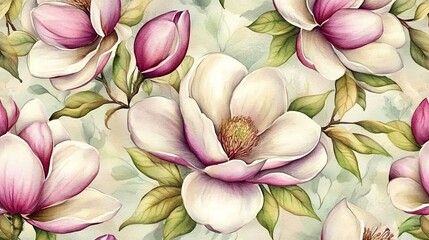 Watercolor seamless pattern with magnolia flowers. Hand-drawn floral background.