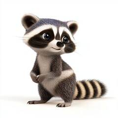 Obraz premium Playful raccoon with a striped tail, isolated on white