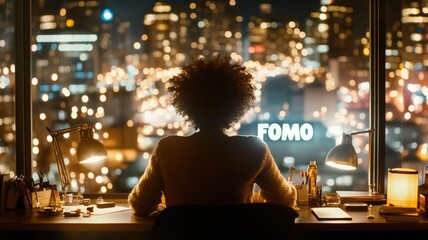 Obraz premium Overcoming fomo in a bustling cityscape at night - creative workspace for inspiration and focus