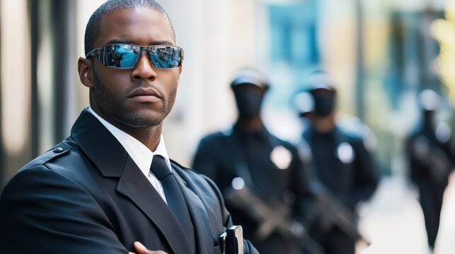 Experienced security guard with a team of bodyguards keeping a close watch, 