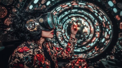 Obraz premium A woman in a futuristic outfit and goggles sits in a spaceship, holding a glowing orb.