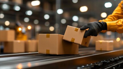 Worker hands placing cardboard boxes on conveyor belt in warehouse.