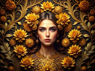 Luxurious Golden Floral Patterns on Dark Background - Ornate Classic Design Stock Photo