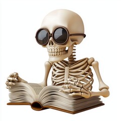 Skeleton reading a book with round glasses isolated on white