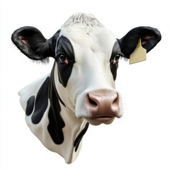 Smiling cow with black and white spots, isolated on white