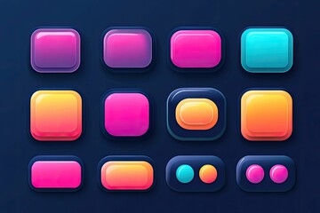 Glossy, colorful square and round buttons.