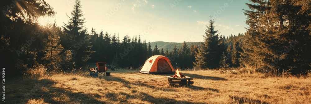 Aufkleber camping in serene forest during sunset with tent setup and campfire glowing warmly. generative ai