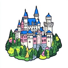 Obraz premium Colorful Cartoon Castle Surrounded by Lush Forest and Bright Vegetation in a Whimsical Design Style