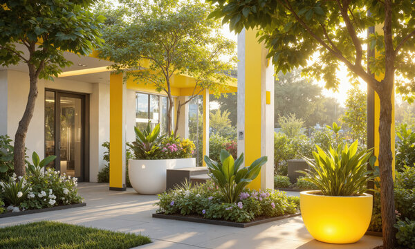 Futuristic garden in lemon zest, with smart irrigation systems that monitor plant health and adjust water levels accordingly. The garden