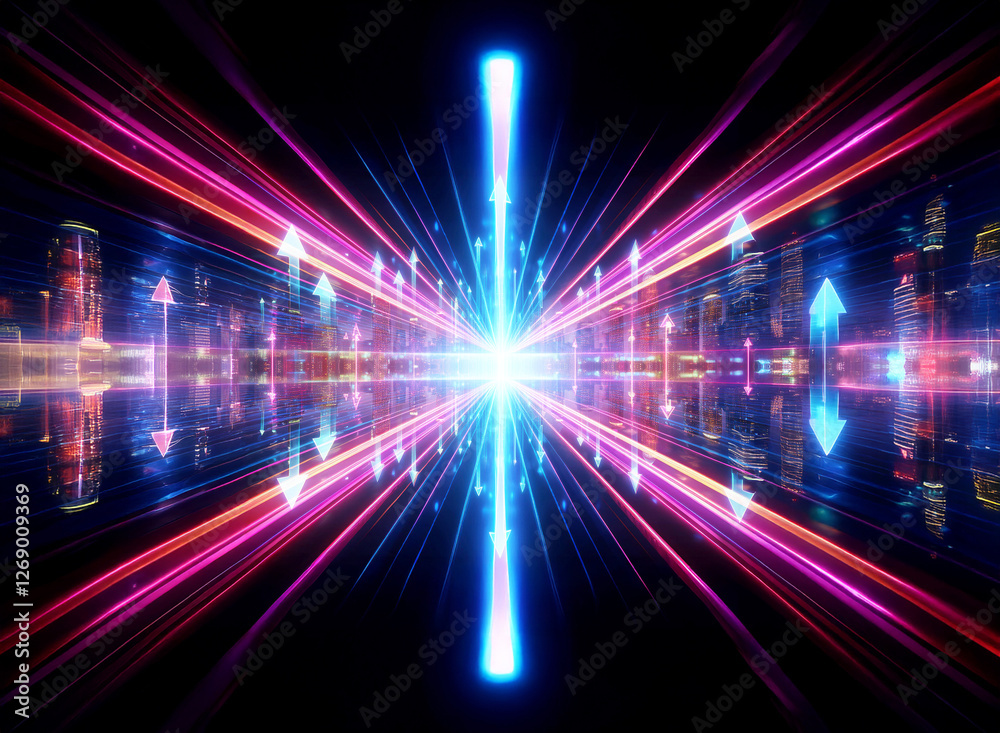 Poster vibrant perspective view with bright light beams converging to a central glow. arrows and city silho