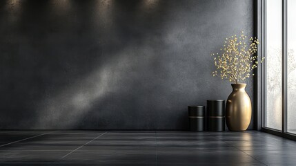 Dark room interior, gold vase, modern decor, window view, minimalist design