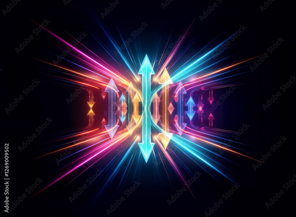Poster Abstract geometric design with vibrant neon colors on a dark backdrop. Symmetrical composition with arrows pointing inwards and outwards, creating a dynamic effect.