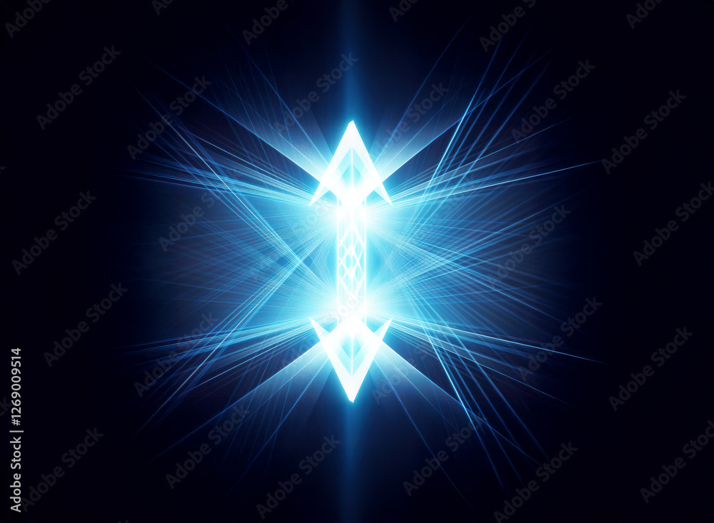 Aufkleber Bright blue abstract geometric shape with radiant light rays emanating outwards on a dark backdrop. The design glows intensely, creating a vibrant and futuristic visual effect.