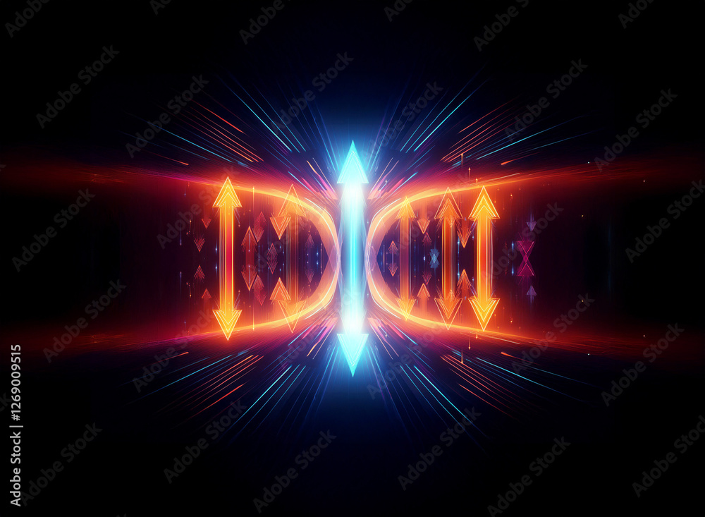 Aufkleber Vibrant symmetrical abstract shape with orange and blue light emerges on a dark backdrop. Arrows show dynamic energy flow, creating a futuristic and luminous effect.