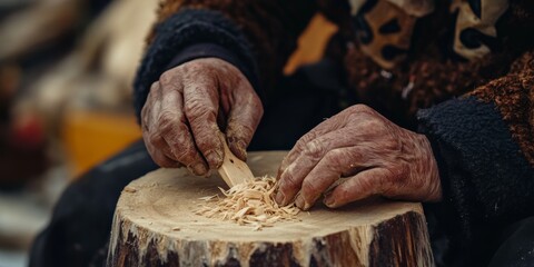 Alaskan craftsman carefully carving wood with traditional tools