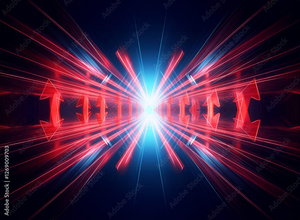 Poster A bright blue light explodes outwards, casting red rays against a dark backdrop. Arrow-like shapes are positioned on each side, pointing towards the central glow, creating a sense of converging energy