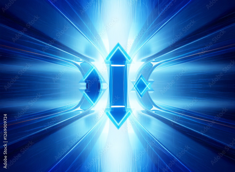 Poster abstract blue image features a central glowing geometric shape with arrows pointing up and down, rad