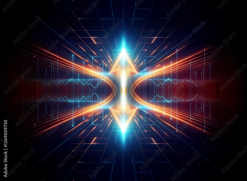 Poster abstract digital art featuring symmetrical glowing lines emanating from a central bright point, crea