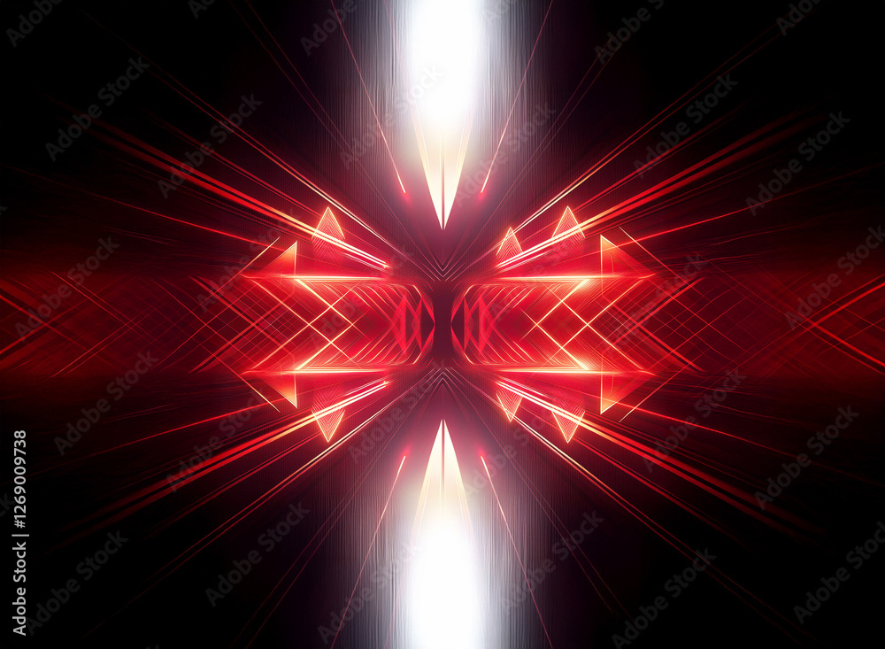 Poster Abstract red and white light beams form a symmetrical, futuristic design on a dark backdrop. Geometric shapes and lines create depth and energy.