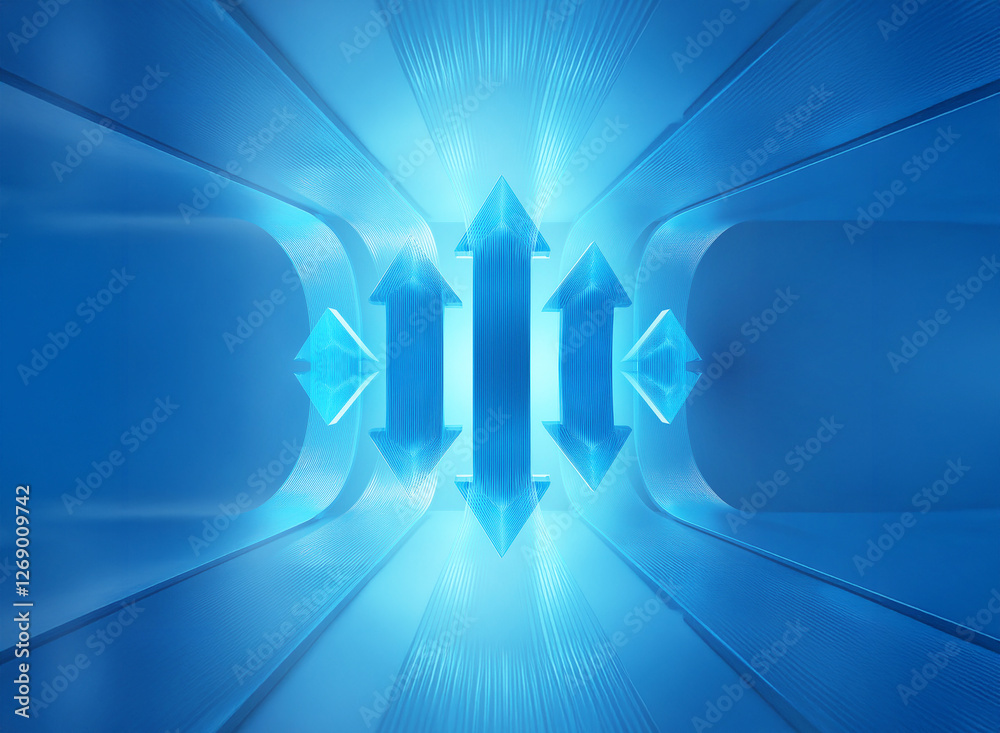 Aufkleber Abstract blue design featuring vertical arrows pointing up and down in the center, emitting a bright glow. Geometric shapes and tunnel-like background create a futuristic visual.