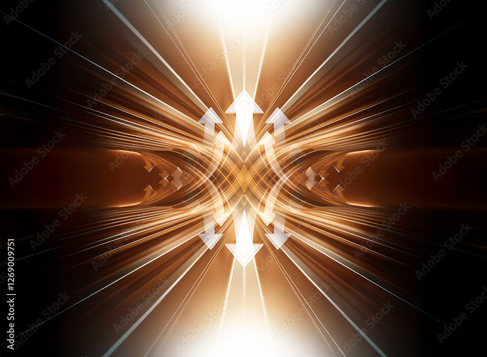Poster abstract image featuring radiating light rays in orange and white, with arrows pointing outwards, co