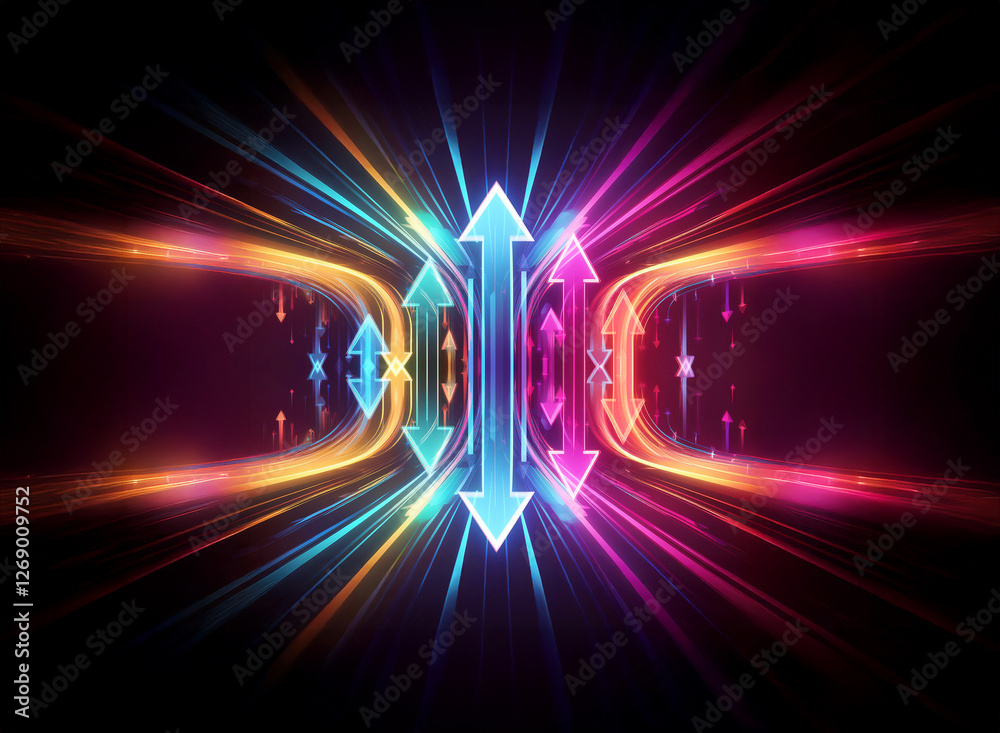 Poster Abstract image featuring vibrant light streaks in blue, orange, and pink converging towards central arrows against a dark backdrop, creating a sense of dynamic motion.