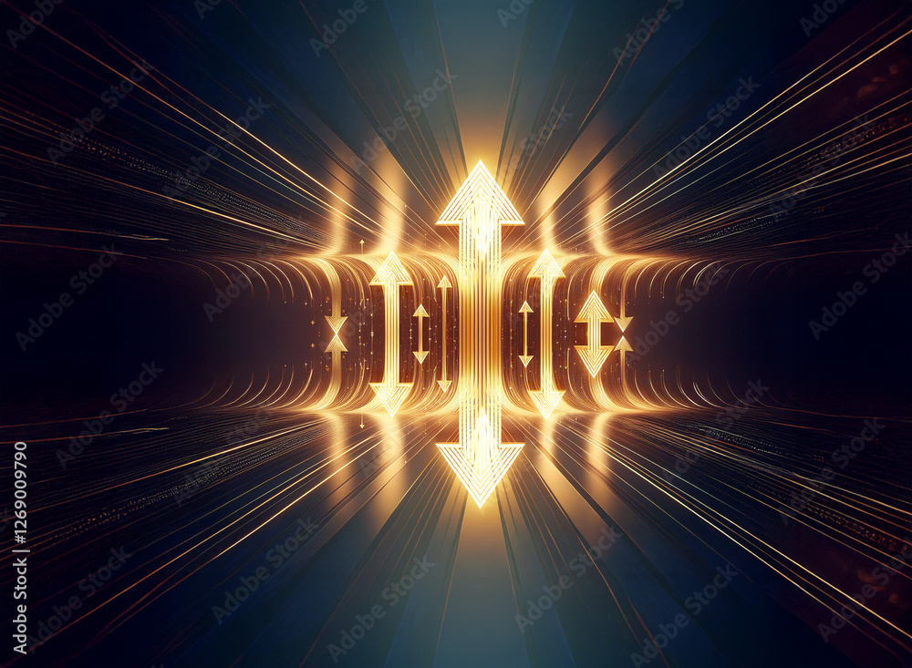 Poster golden arrows point in four directions, radiating bright light beams on a dark background, creating 