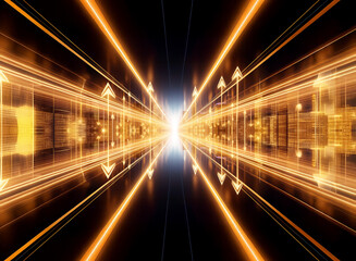 A dynamic perspective view showcases converging orange lines creating a tunnel effect, leading to a central bright light. Arrows along the lines enhance the sense of direction and motion.